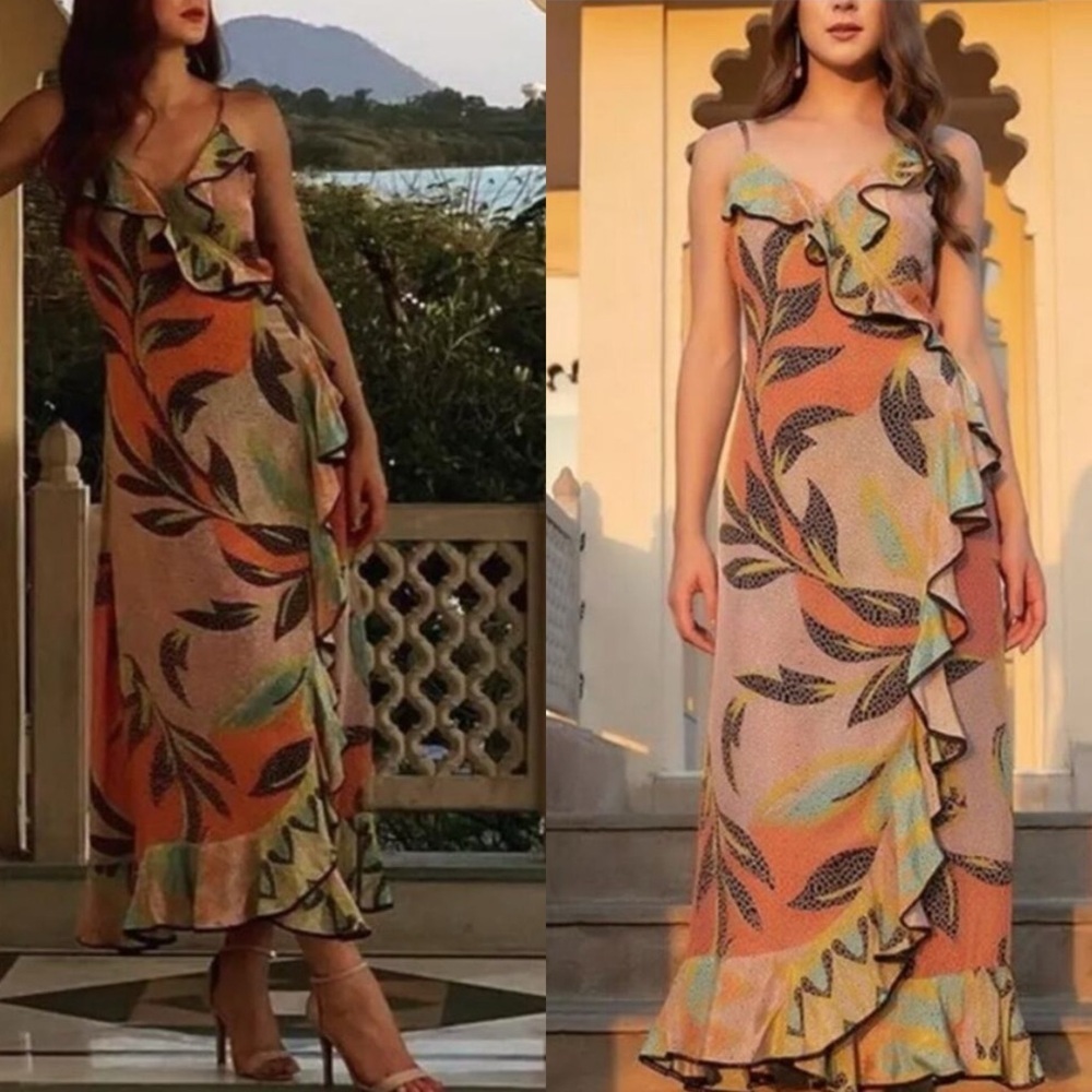 Anthropologie BHANUNI by Jyoti Kathryn Ruffled Wrap Maxi Dress Mosaic Size 16 - Picture 2 of 14